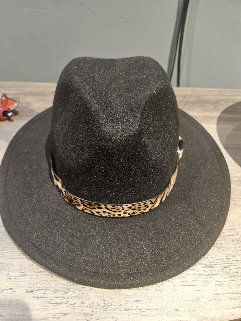 Black Wool Fedora with Leopard Print Band